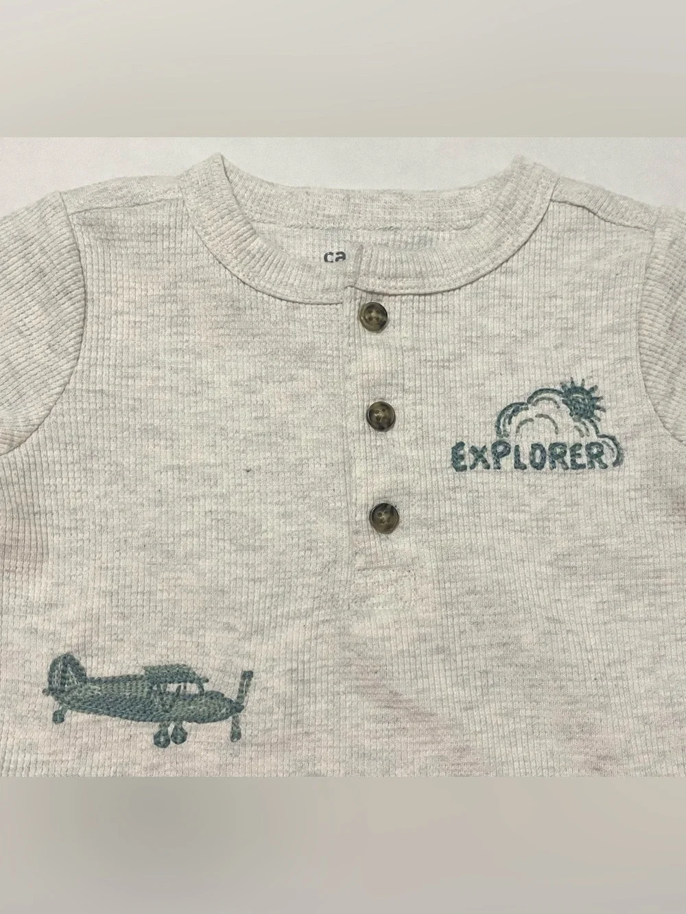 Carters 12M Gray Airplane Explorer One-Piece Romper Boho Fall Comfy Neutral